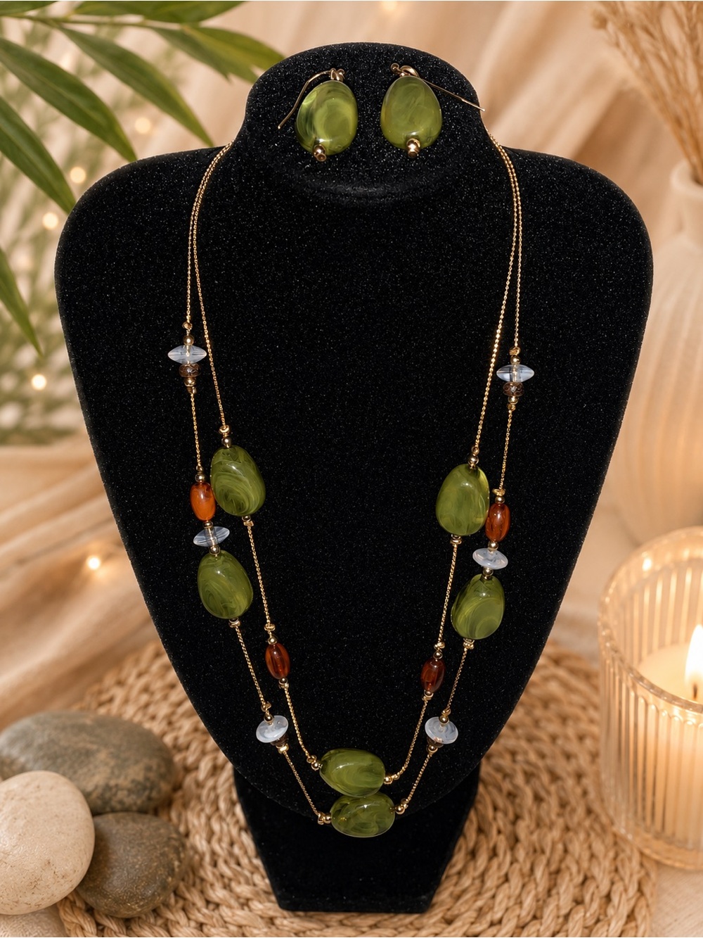 Acrylic Bead Layered Necklace & Earrings Set